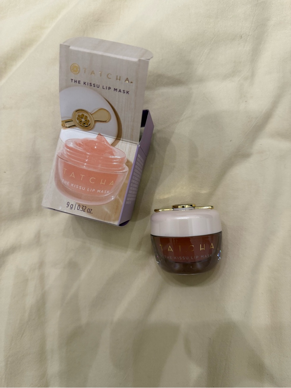 Tatcha Kissu Lip Mask Jar in Peach Pink with Gold Accents